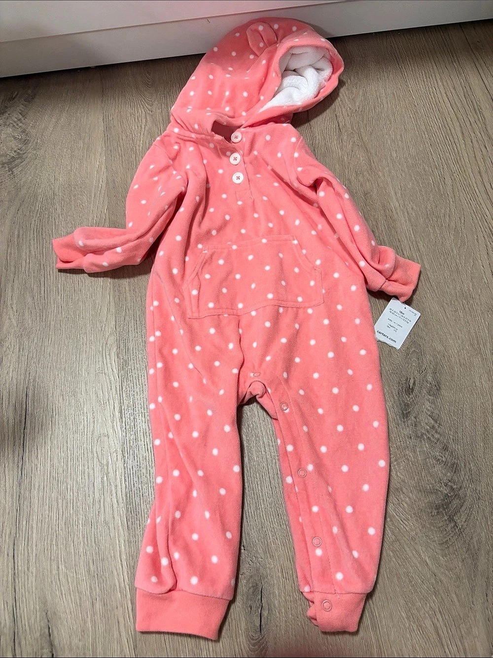 Carter's Appliqué Hooded Fleece Jumpsuit Pink & White Baby 3M NWT